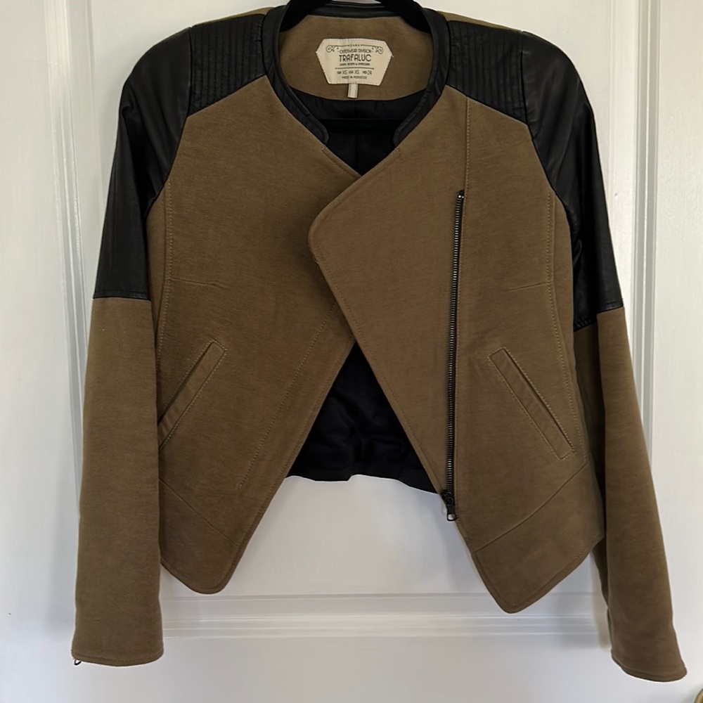 Olive green and black leather moto style jacket Zara XS